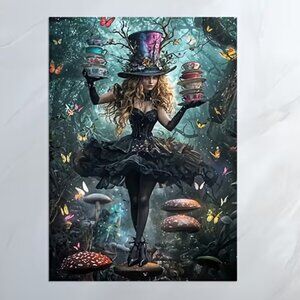 Canvas print Wonderland Mad Hatter Girl Print Teacup & Scene Frameless 20x30